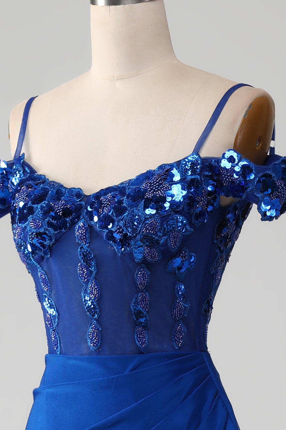 Pärlstav Royal Blue Corset Balklänning med slits