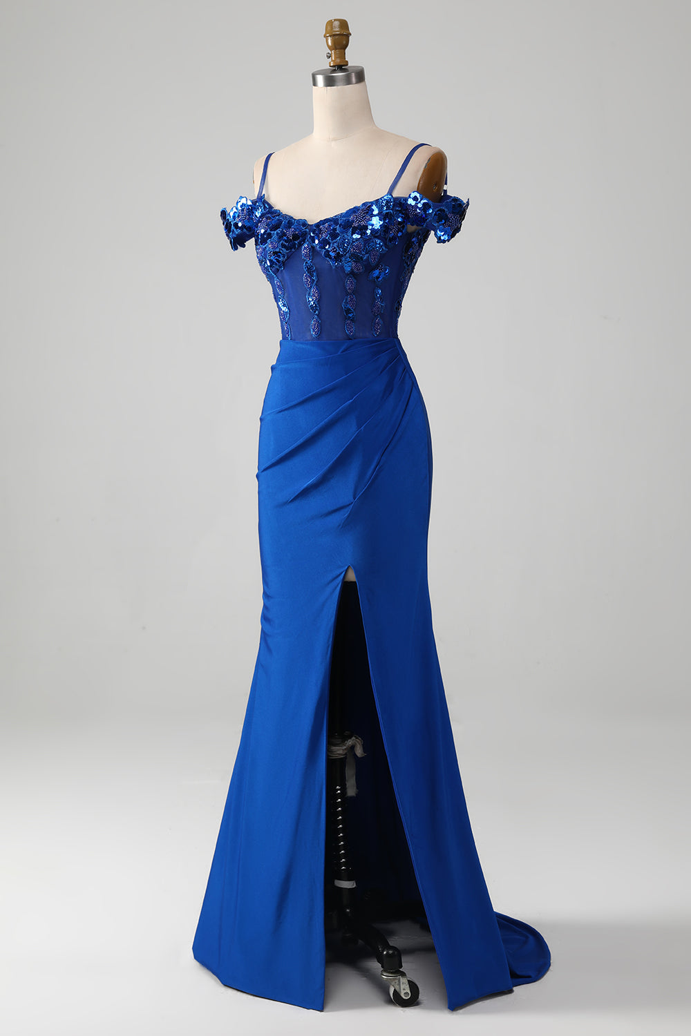 Pärlstav Royal Blue Corset Balklänning med slits