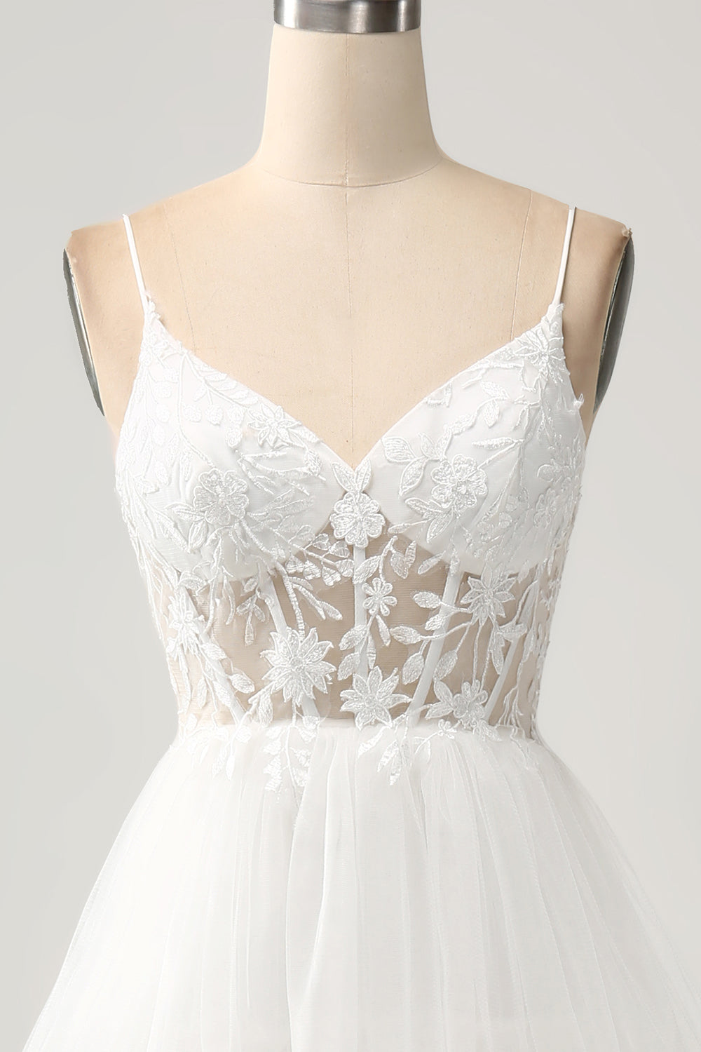 Elfenben A-linje Tyll Tiered Korsett Lång Bröllopsklänning med slits