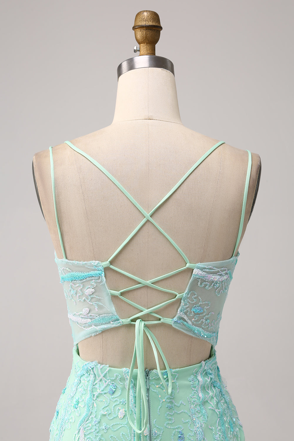 Grön sjöjungfru Spaghetti Straps Paljetter Lång Balklänning med slits