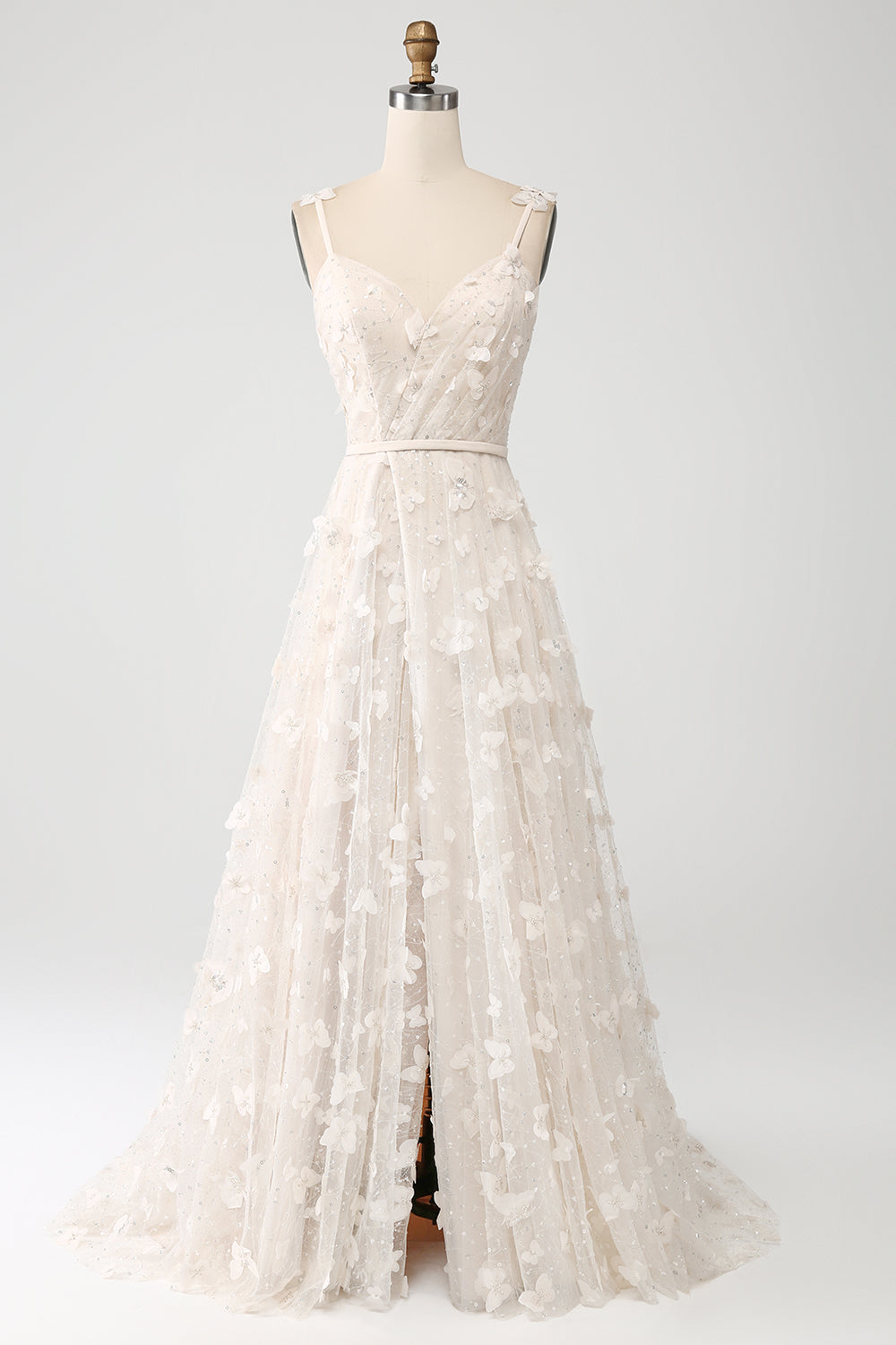 Aprikos A Line Spaghetti Remmar Applikationer Lång Wdding Klänning med Slits