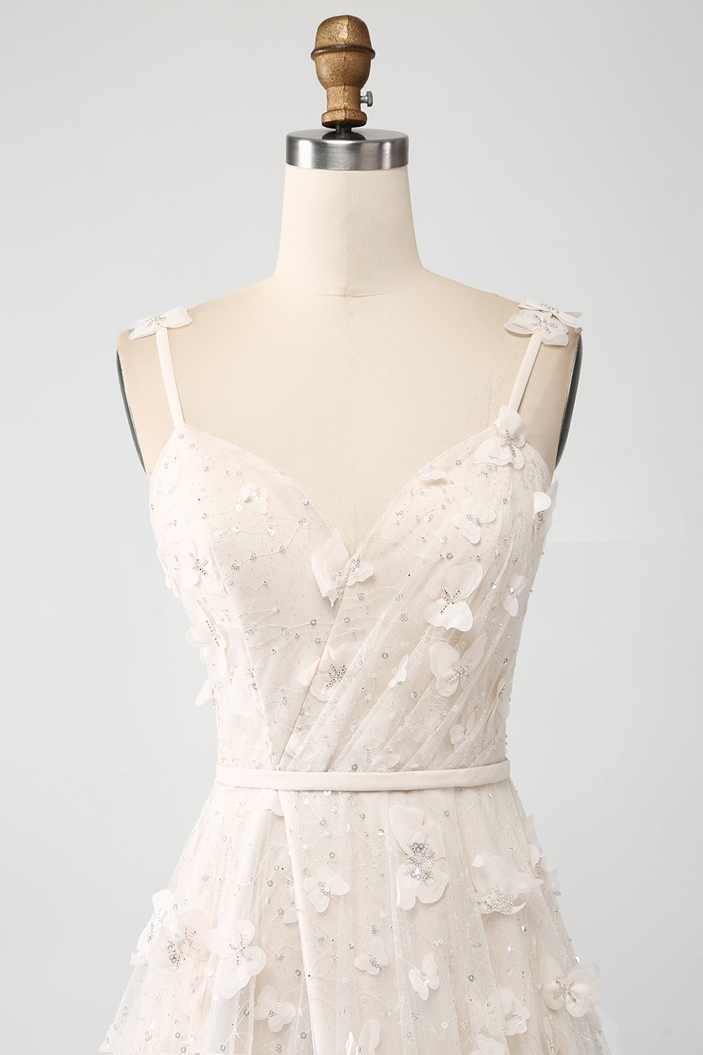 Aprikos A Line Spaghetti Remmar Applikationer Lång Wdding Klänning med Slits