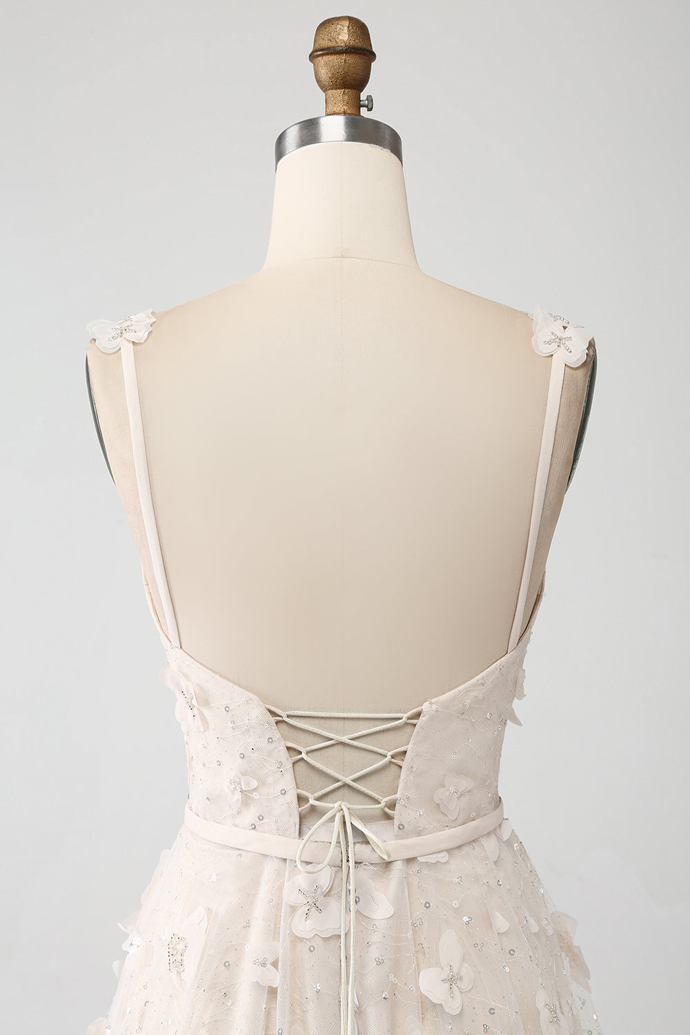 Aprikos A Line Spaghetti Remmar Applikationer Lång Wdding Klänning med Slits