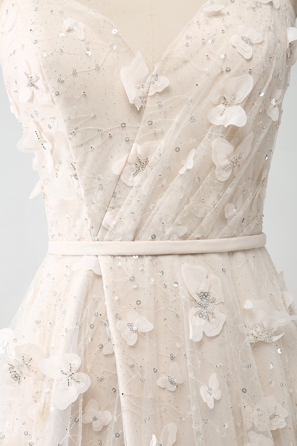 Aprikos A Line Spaghetti Remmar Applikationer Lång Wdding Klänning med Slits