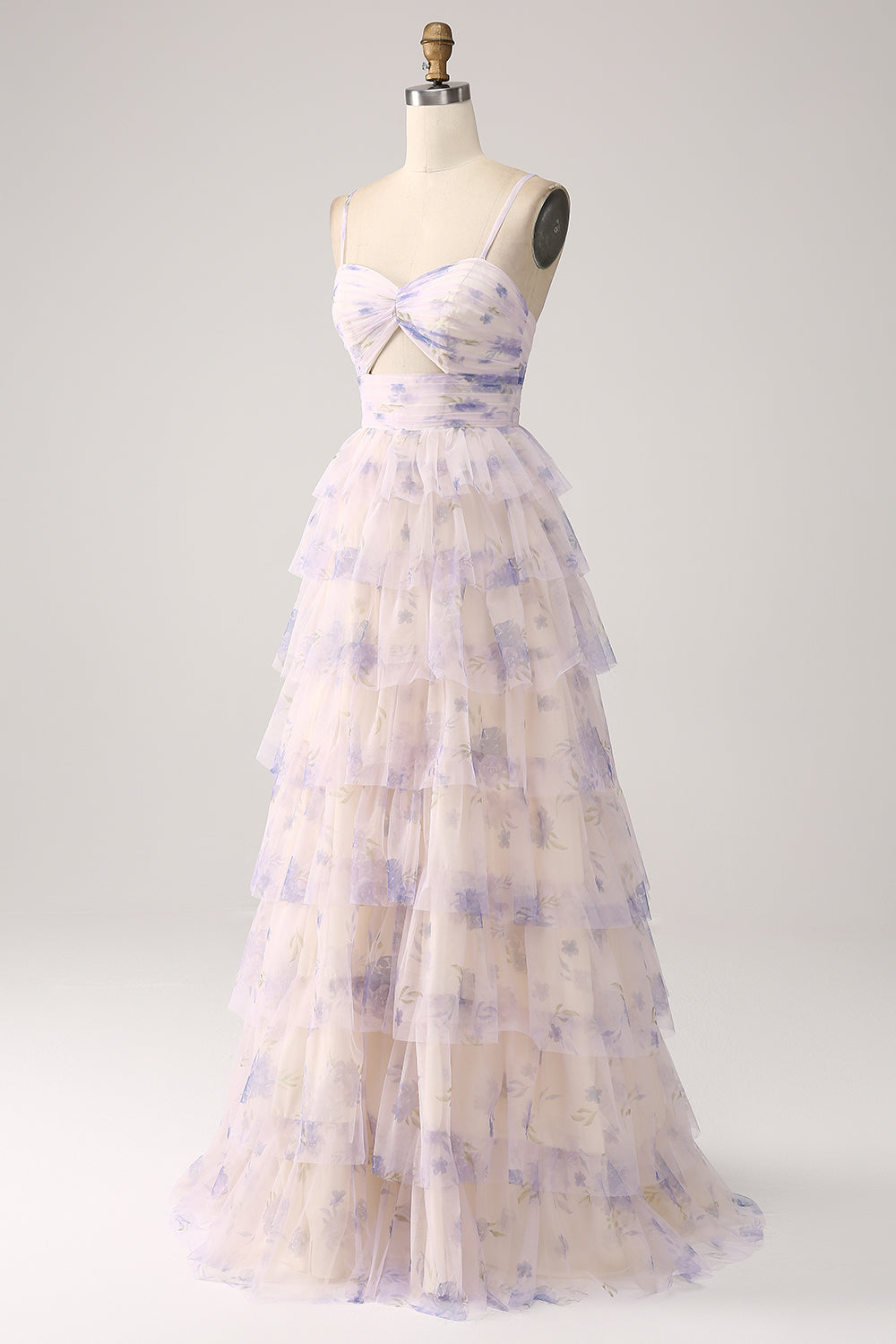 Lavendel Blomma Tiered Princess Balklänning med Plisserad