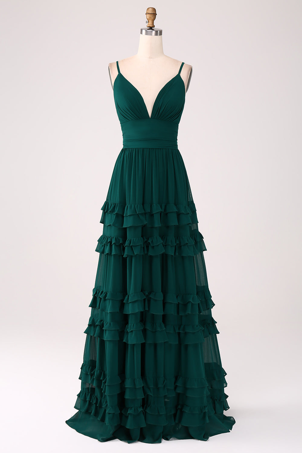 Spaghetti Straps Tiered Prom Klänning med Plisserad