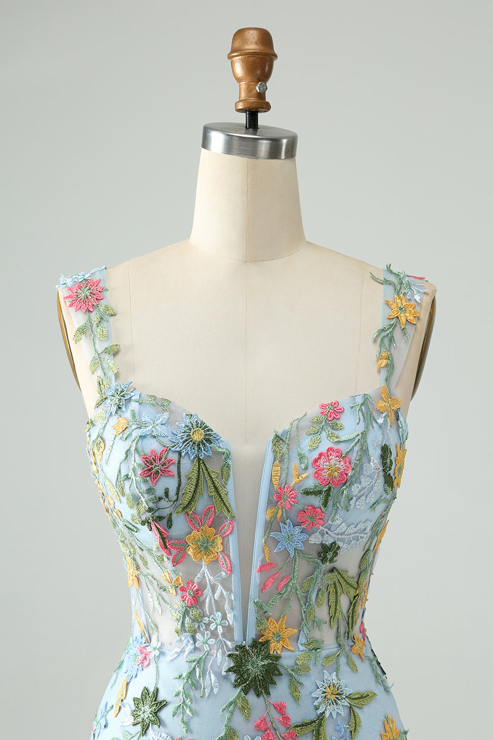 Blå Blomma Bodycon Spaghetti Straps Broderad Kort Homecoming Klänning
