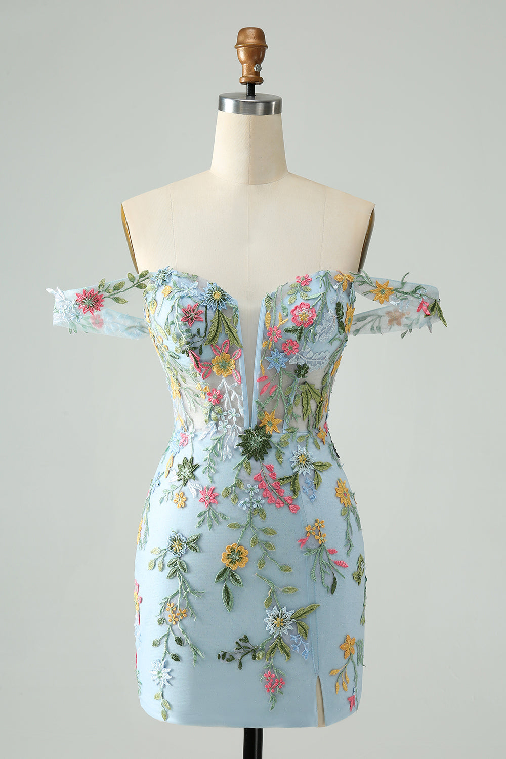 Blå Blomma Bodycon Spaghetti Straps Broderad Kort Homecoming Klänning