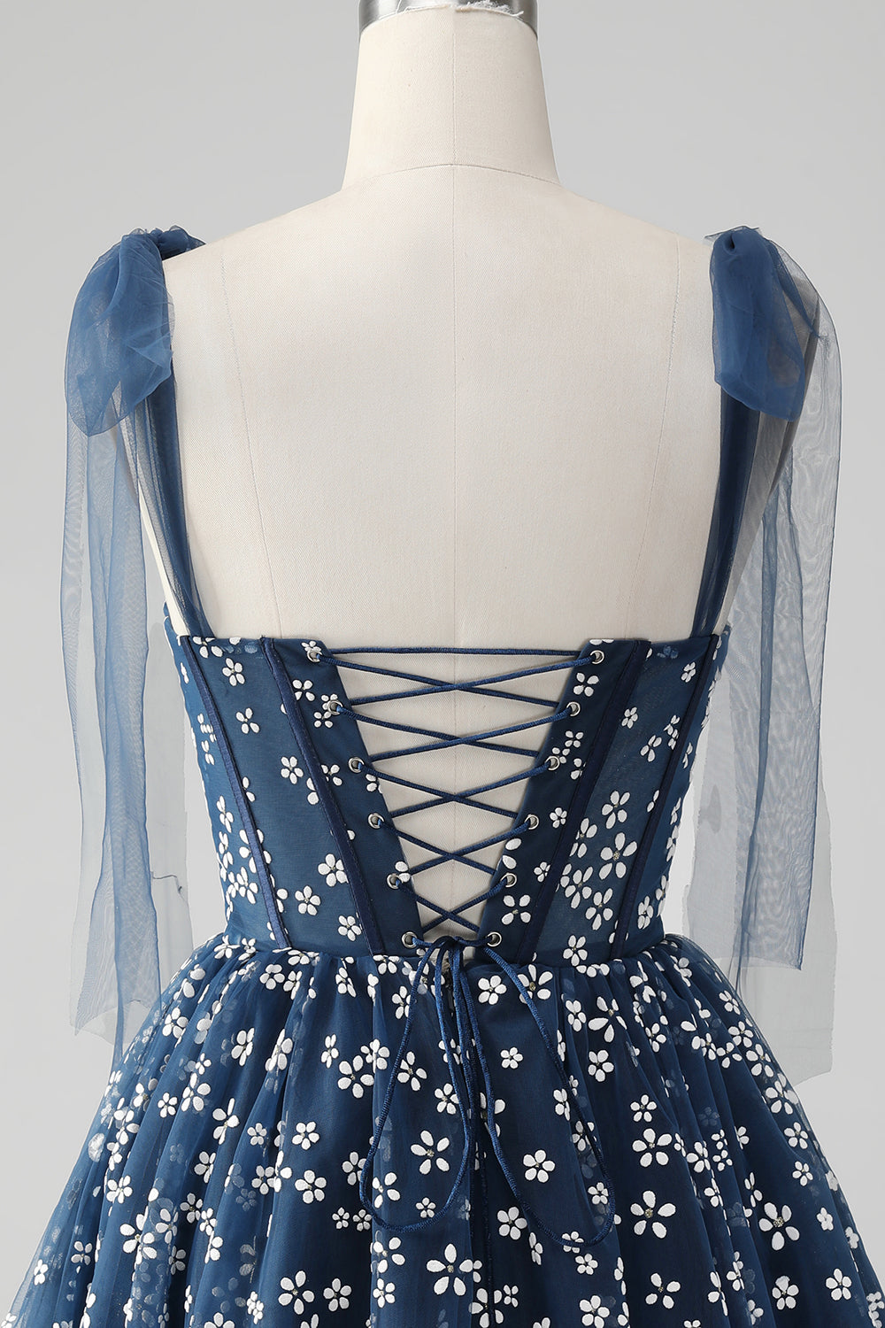Marinblå A Line Spaghetti Straps Tryck Korsett Kort Homecoming Klänning