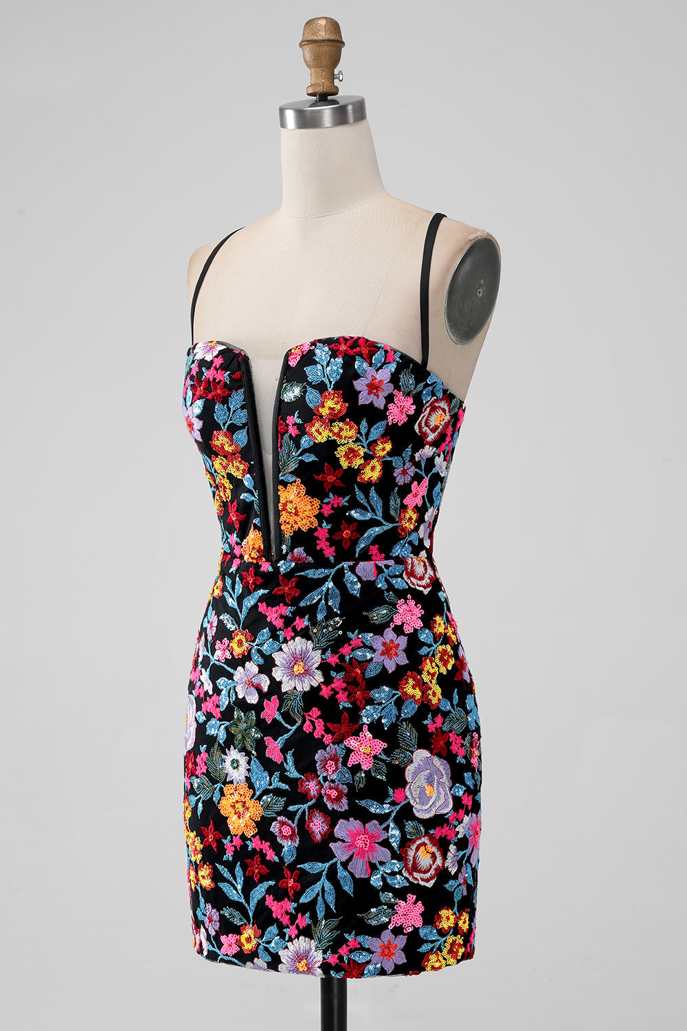 Svart Blomma Bodycon V-hals Spaghetti Remmar Kort Homecoming Klänning
