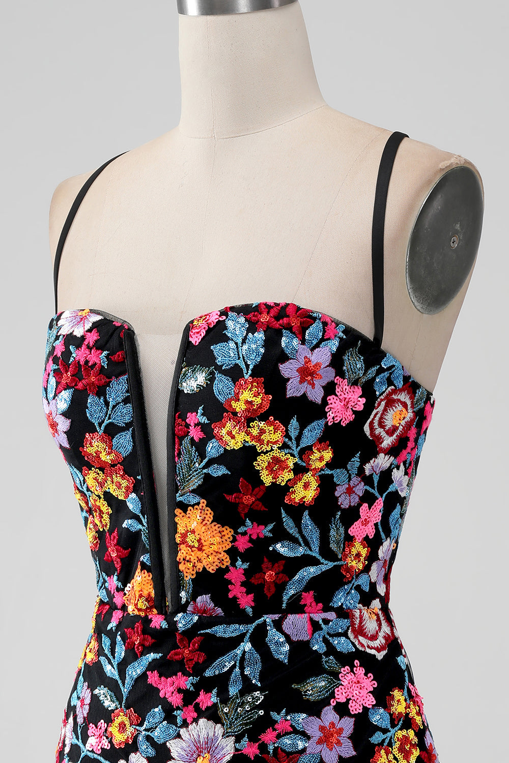 Svart Blomma Bodycon V-hals Spaghetti Remmar Kort Homecoming Klänning