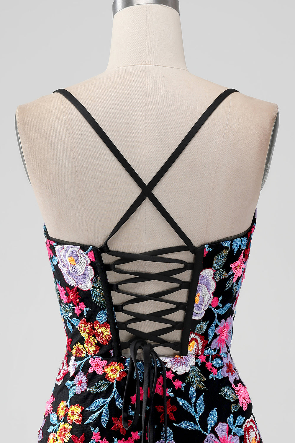Svart Blomma Bodycon V-hals Spaghetti Remmar Kort Homecoming Klänning