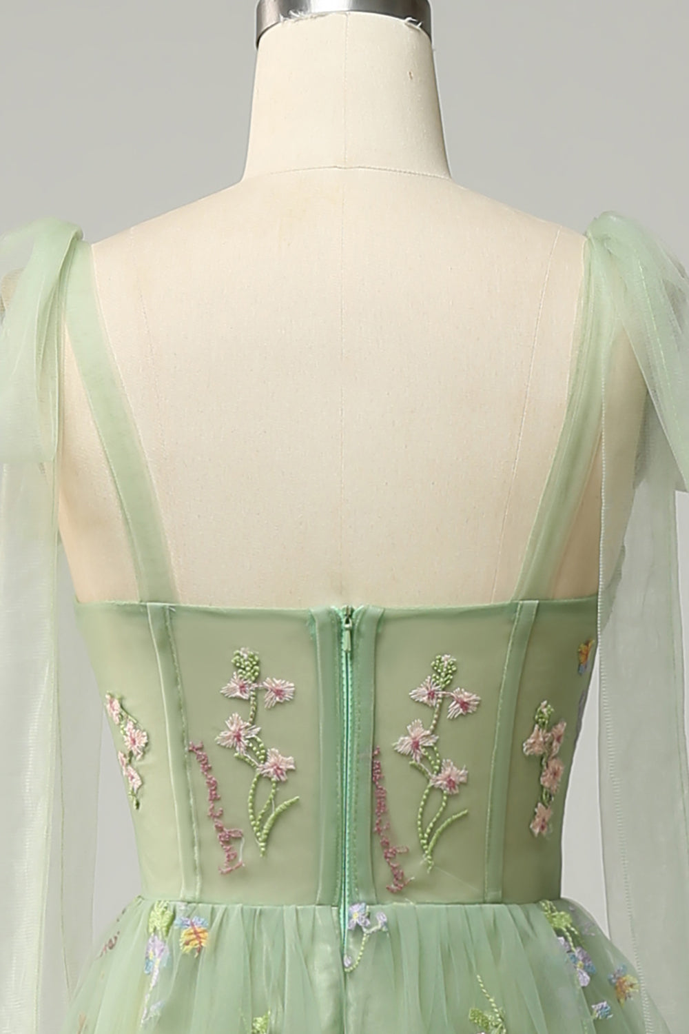 Grön A Linje Tyll Korsett Golvlång Balklänning Med Broderade Blommor