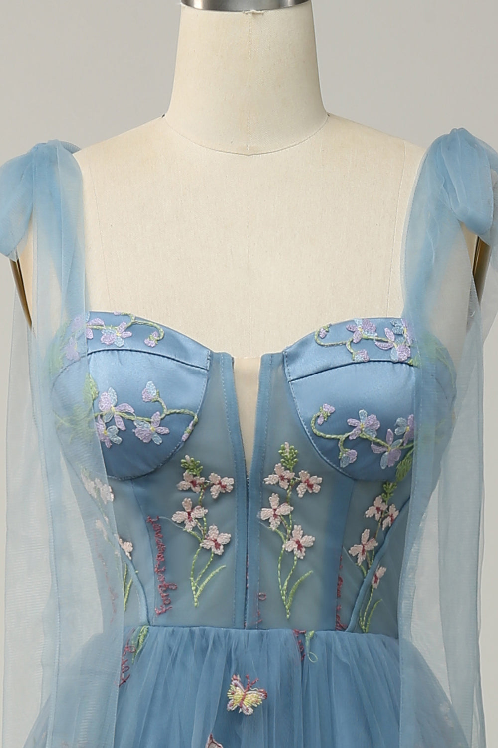 Grön A Linje Tyll Korsett Golvlång Balklänning Med Broderade Blommor