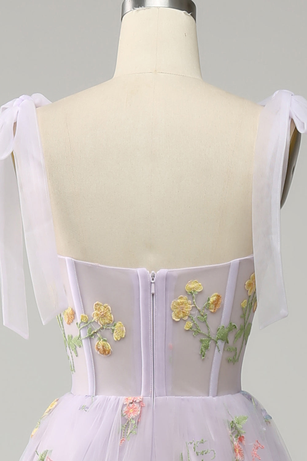 Grön A Linje Tyll Korsett Golvlång Balklänning Med Broderade Blommor