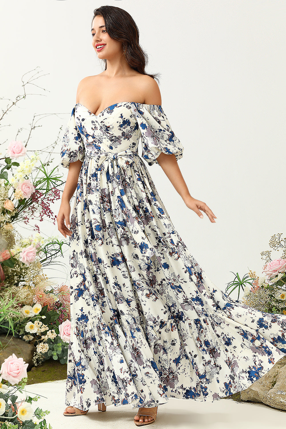Vit Blå Blomma Boho Brudtärnklänning