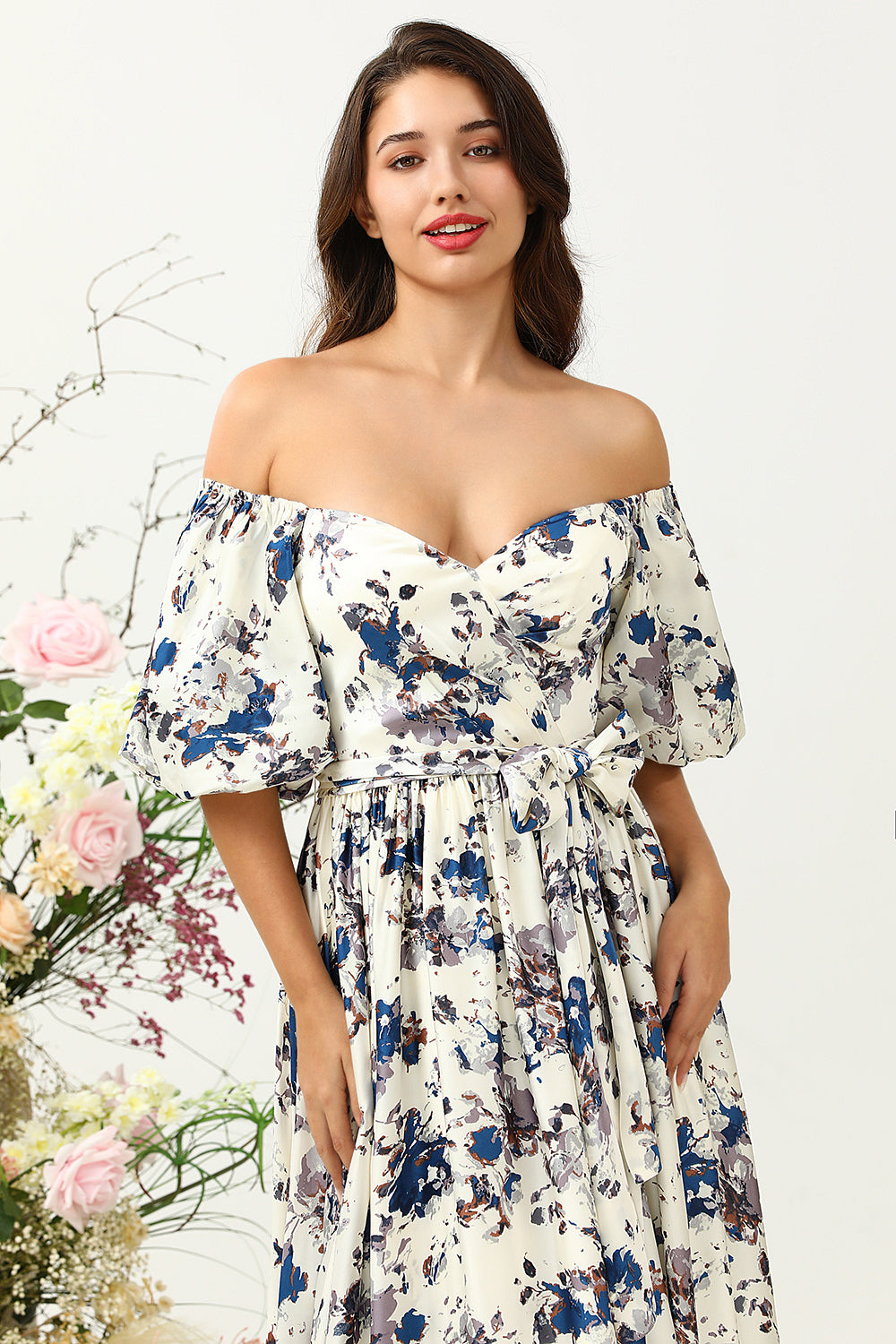 Vit Blå Blomma Boho Brudtärnklänning