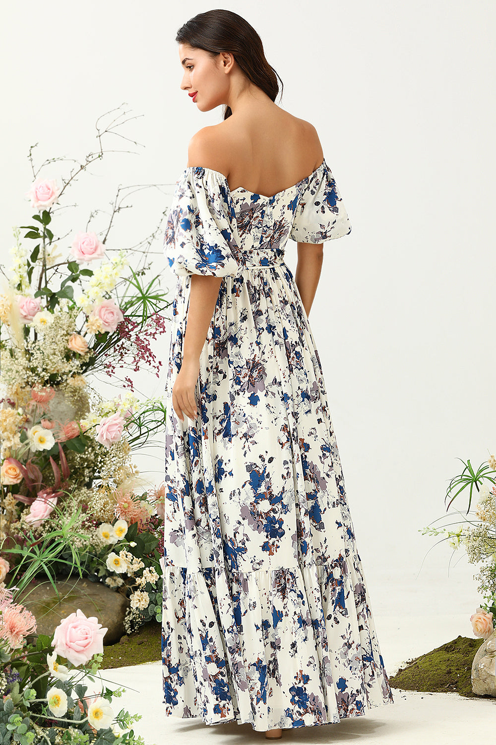 Vit Blå Blomma Boho Brudtärnklänning