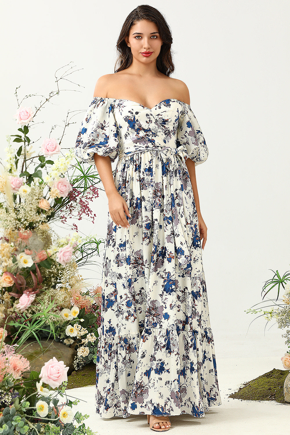 Vit Blå Blomma Boho Brudtärnklänning