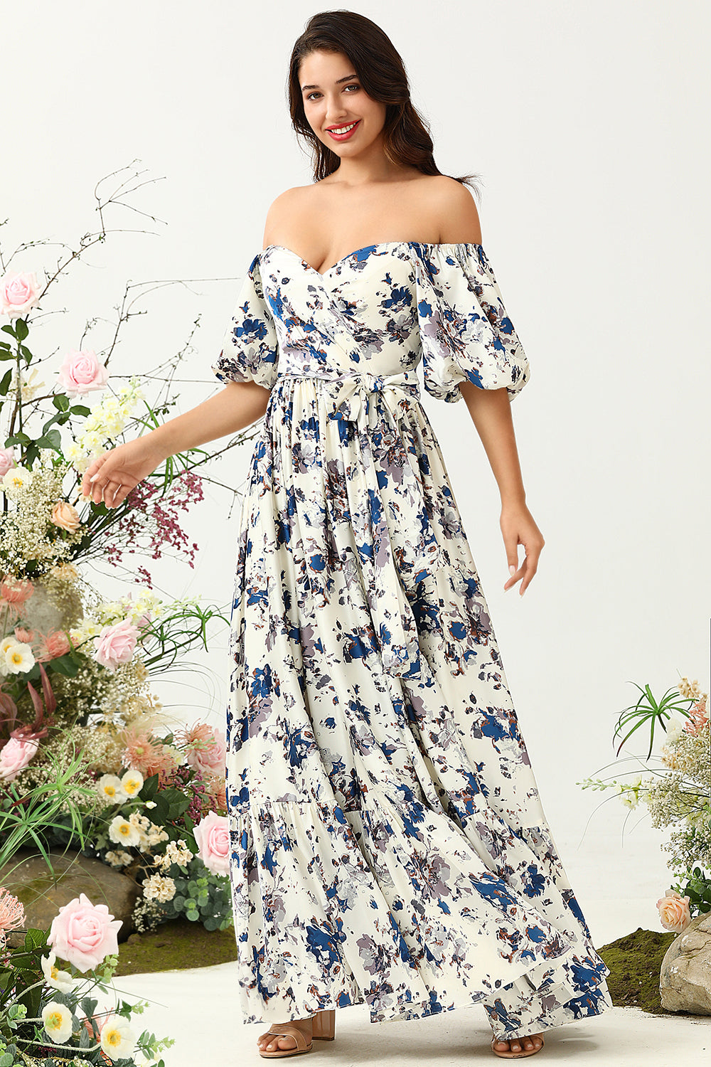 Vit Blå Blomma Boho Brudtärnklänning