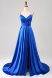 Royal Blue A Line Spaghetti Straps Satin Prom Klänning med slits