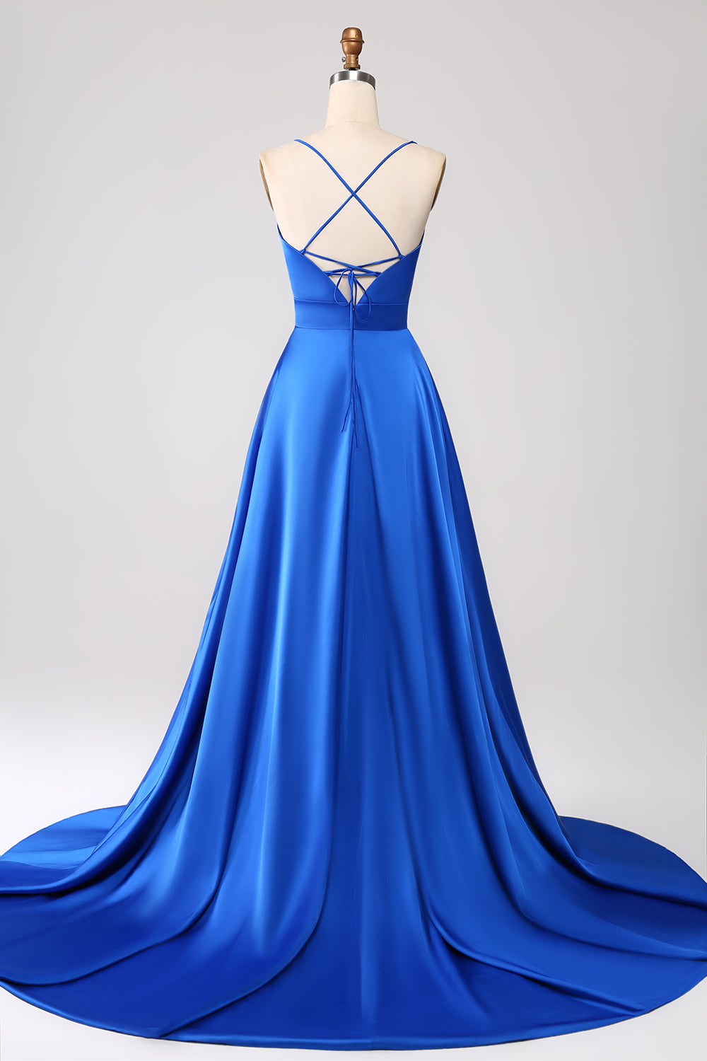 Royal Blue A Line Spaghetti Straps Satin Prom Klänning med slits