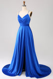 Royal Blue A Line Spaghetti Straps Satin Prom Klänning med slits