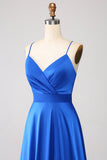 Royal Blue A Line Spaghetti Straps Satin Prom Klänning med slits