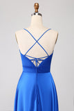 Royal Blue A Line Spaghetti Straps Satin Prom Klänning med slits
