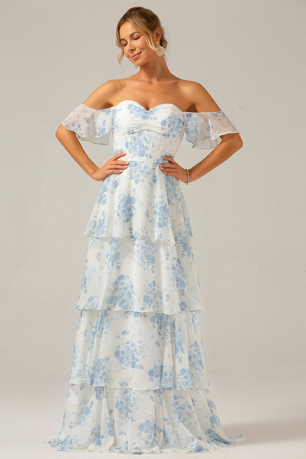 Vit Blå Blommig Boho Chiffong Ruffled Lång Brudtärneklänning