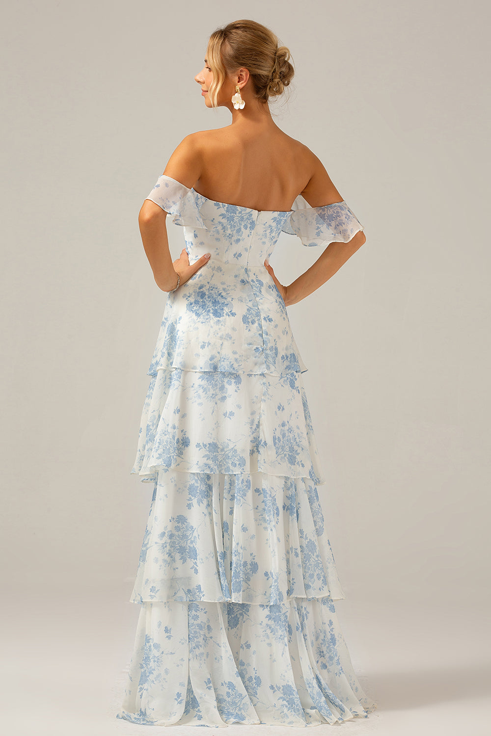 Vit Blå Blommig Boho Chiffong Ruffled Lång Brudtärneklänning