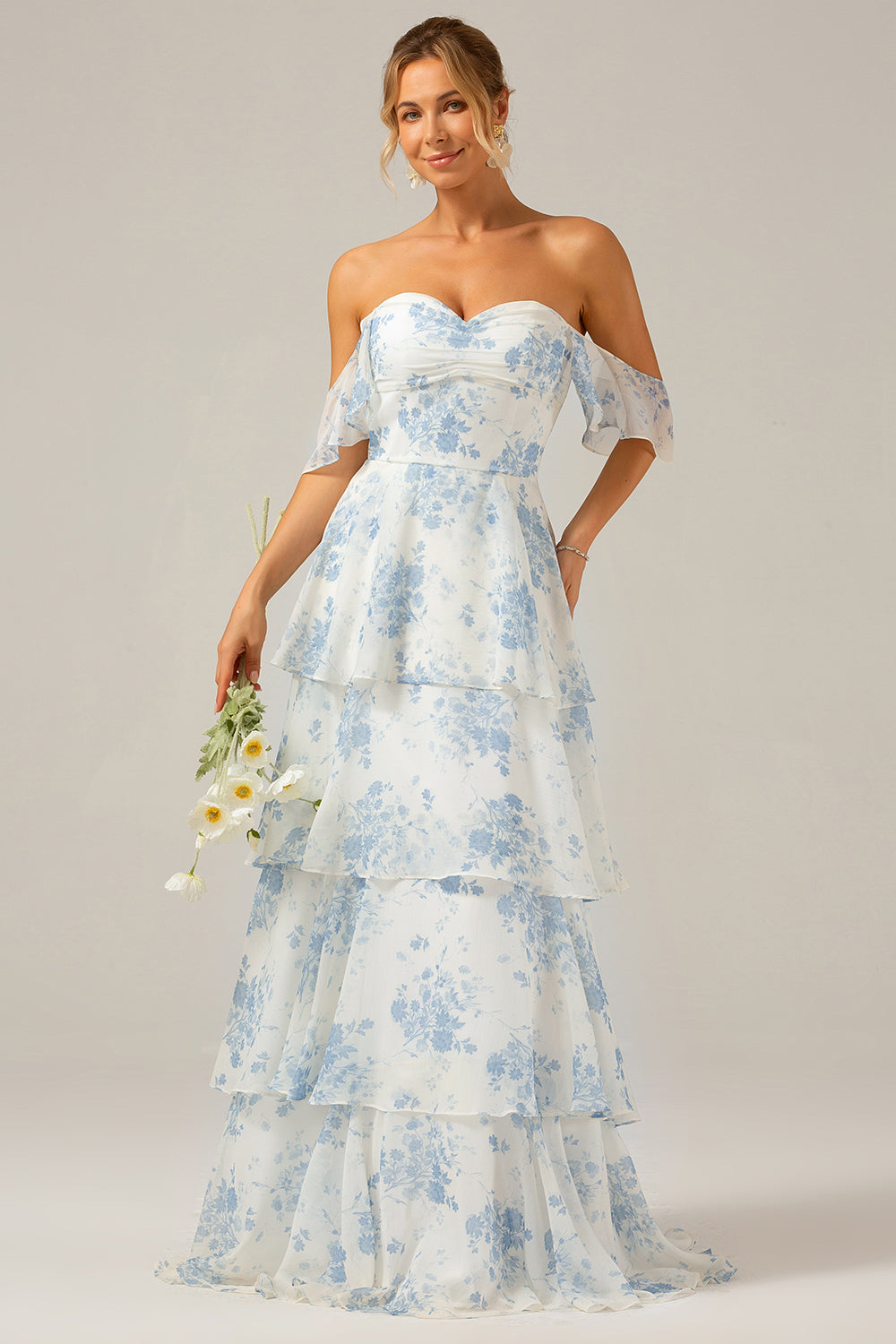 Vit Blå Blommig Boho Chiffong Ruffled Lång Brudtärneklänning
