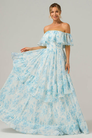 Vit Blå Blommig Off The Shoulder Boho Lång Brudtärneklänning med Volanger