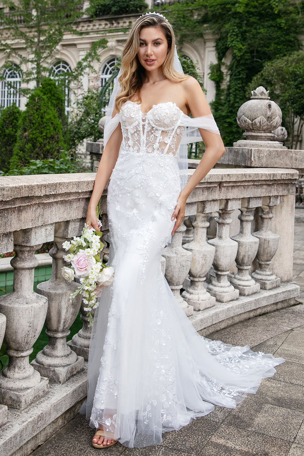 Glittrande Vit Off The Shoulder Korsett Mermaid Tulle Bröllopsklänning med Paljetter