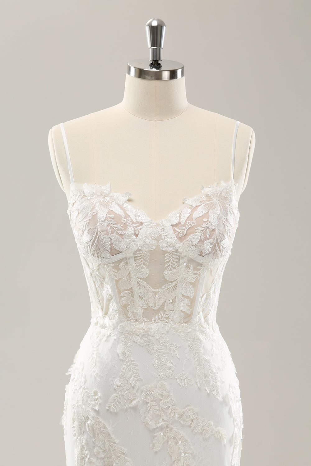 Vit sjöjungfru Spaghetti Straps Applique Spets Korsett Bröllopsklänning med Snörning Tillbaka
