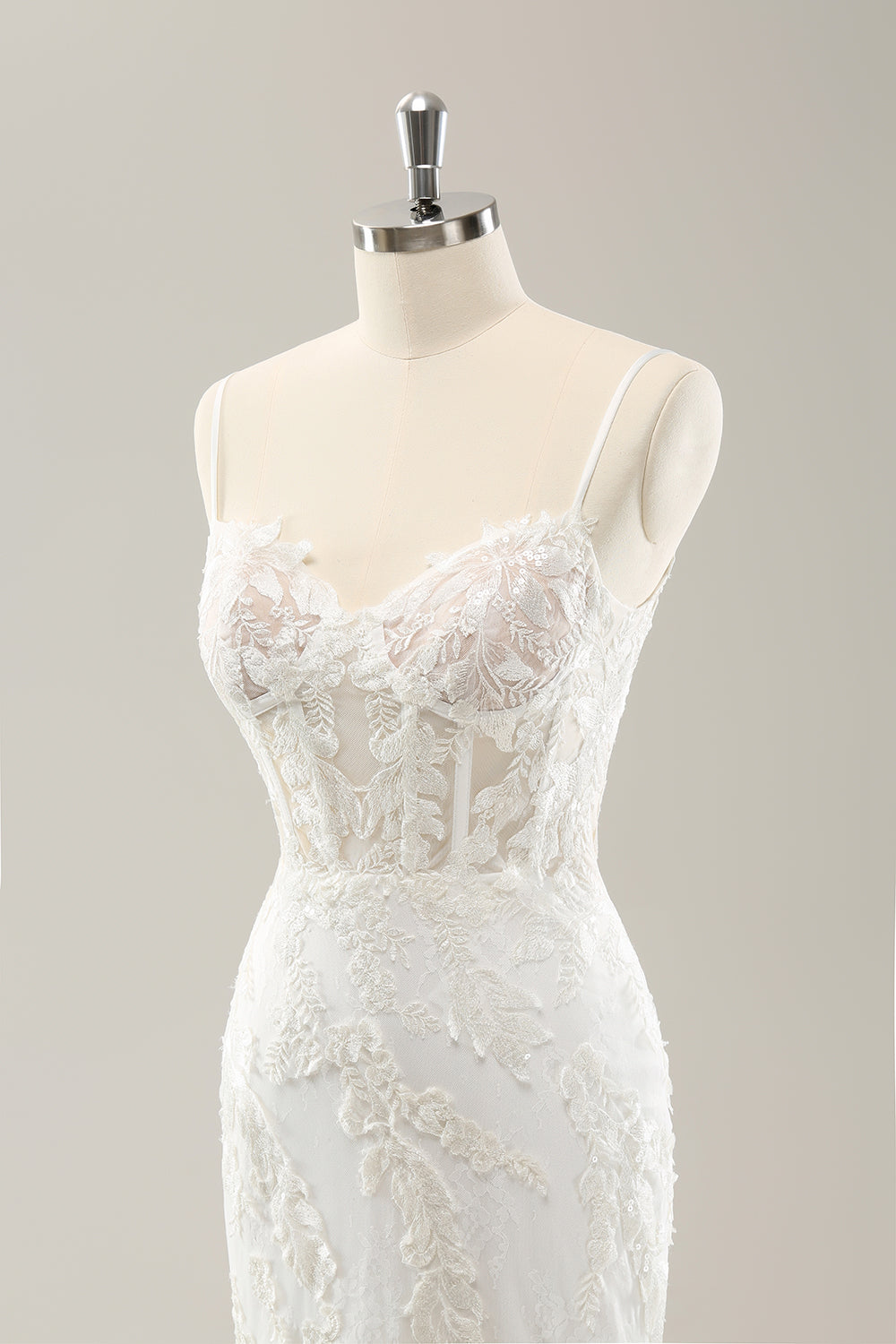 Vit sjöjungfru Spaghetti Straps Applique Spets Korsett Bröllopsklänning med Snörning Tillbaka