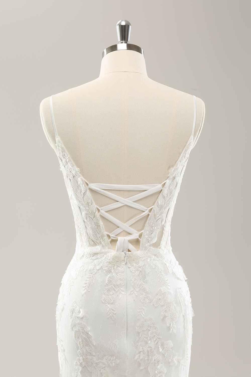 Vit sjöjungfru Spaghetti Straps Applique Spets Korsett Bröllopsklänning med Snörning Tillbaka