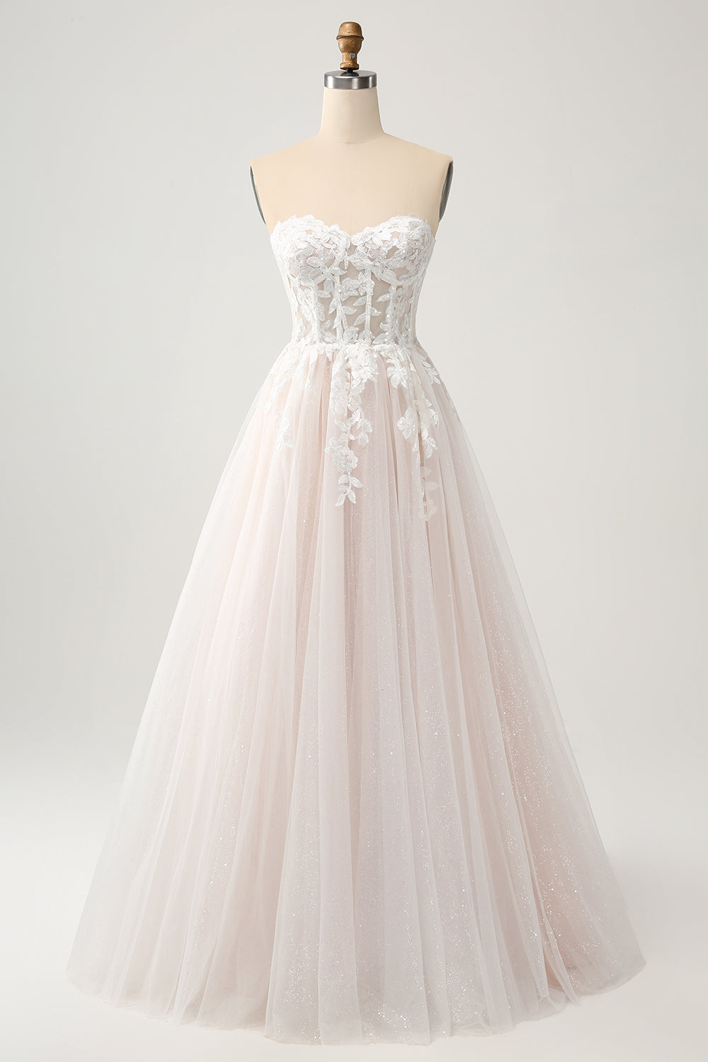 Vit A Line Sweetheart Glittrande Bröllopsklänning med Applique Spets