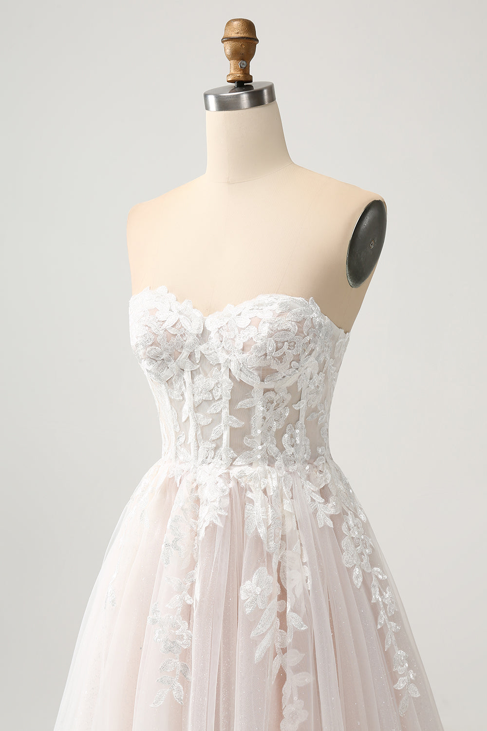 Vit A Line Sweetheart Glittrande Bröllopsklänning med Applique Spets
