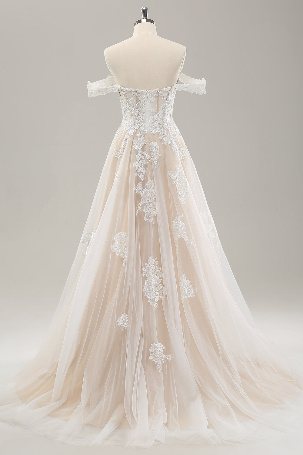 Prinsessa Vit Off The Shoulder Applique Tyll Bröllopsklänning med slits