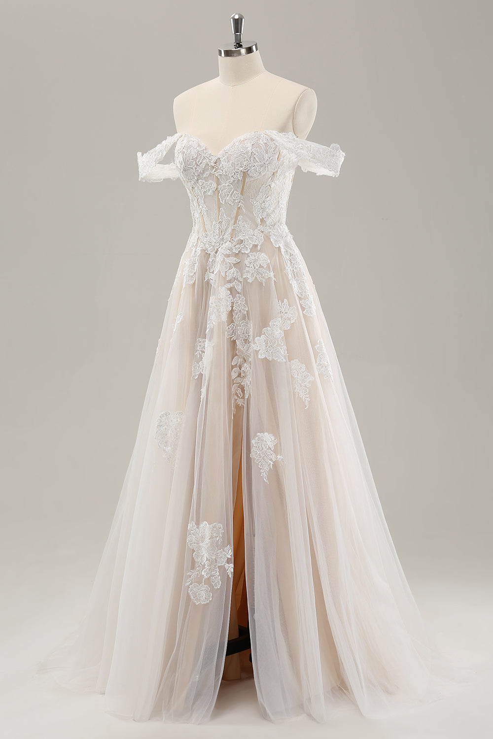 Prinsessa Vit Off The Shoulder Applique Tyll Bröllopsklänning med slits