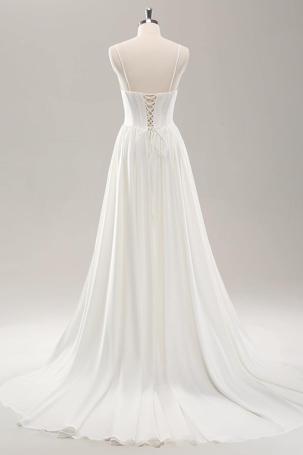 Vit Spaghetti Straps Satin Sweep Train Bröllopsklänning med slits