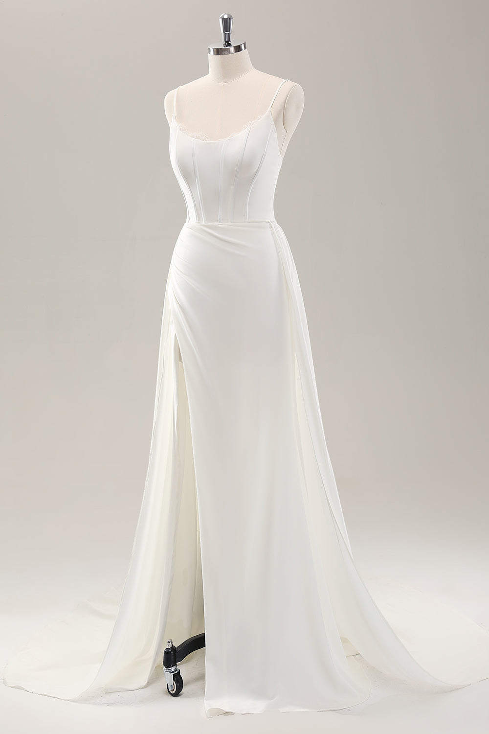Vit Spaghetti Straps Satin Sweep Train Bröllopsklänning med slits
