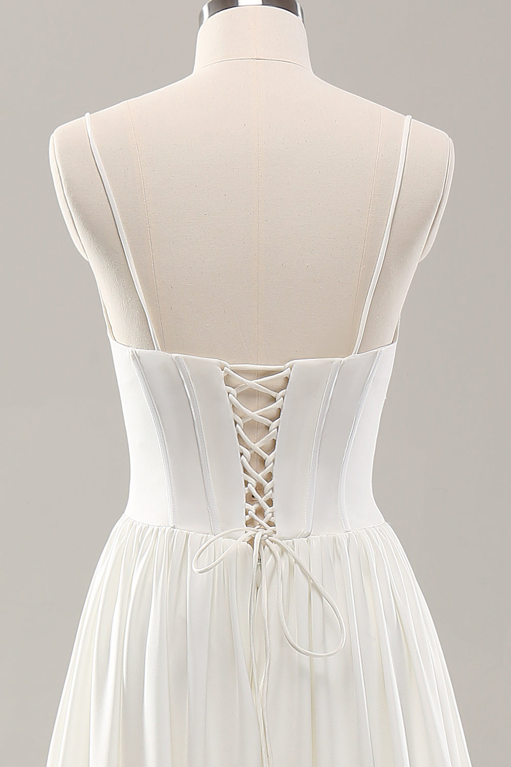 Vit Spaghetti Straps Satin Sweep Train Bröllopsklänning med slits