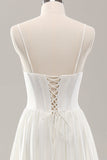 Vit Spaghetti Straps Satin Sweep Train Bröllopsklänning med slits