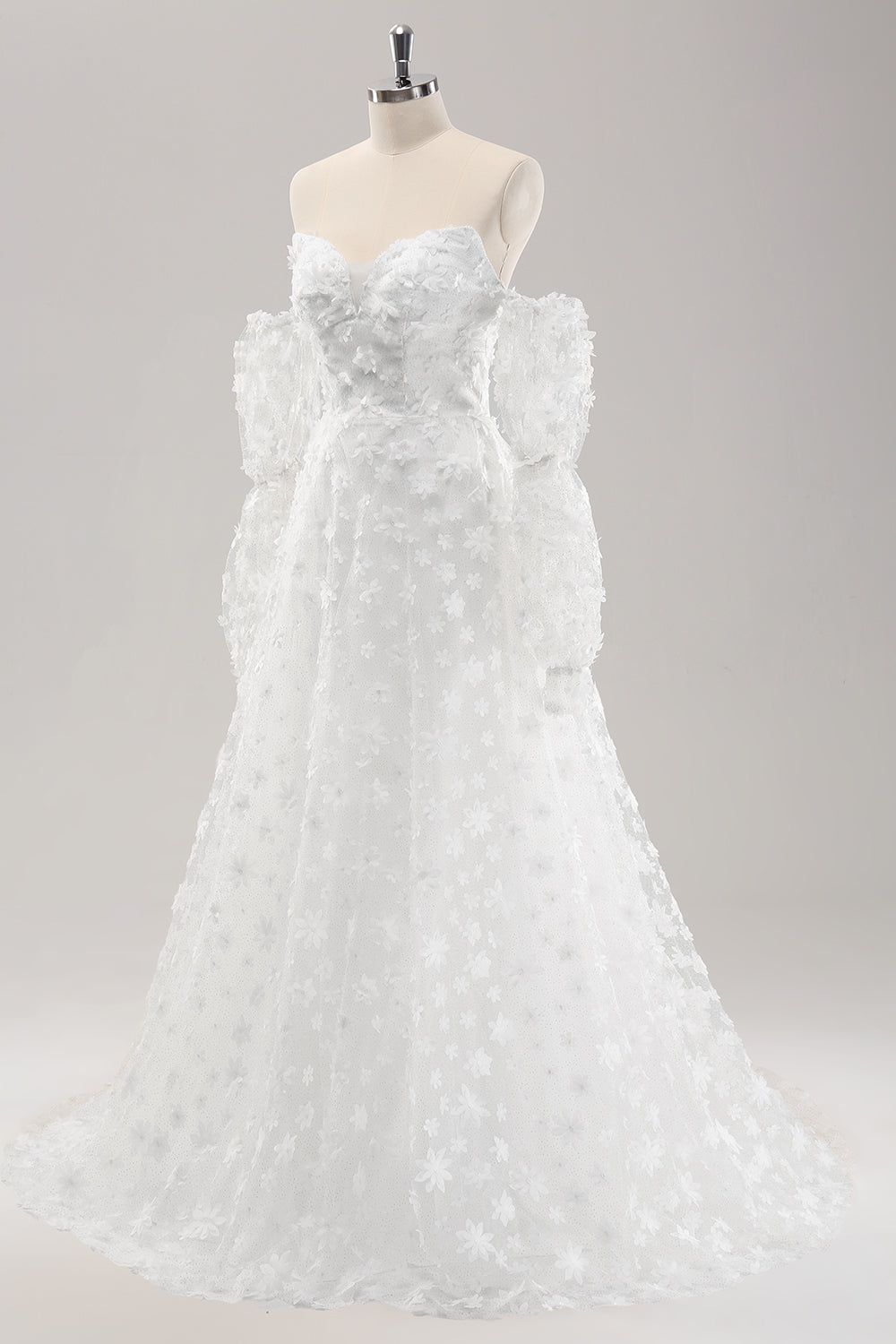 Vit A Line Sweetheart Applique Lace Bröllopsklänning med avtagbara ärmar