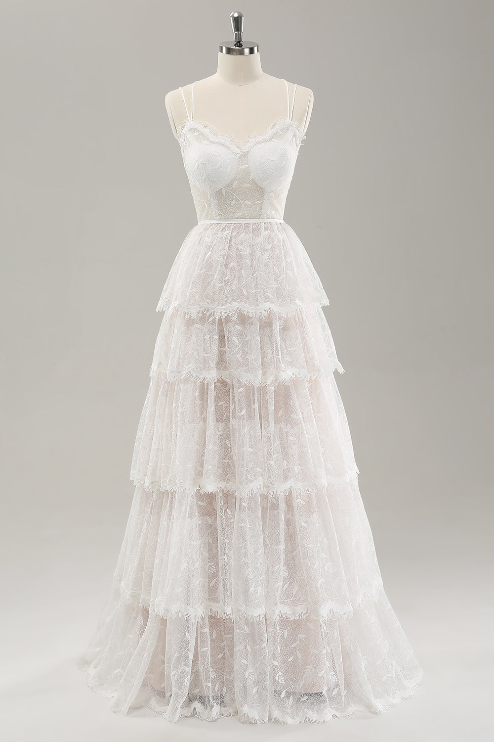 Vit A Line Spaghetti Straps Tiered Lace Bröllopsklänning med Snörning Upp Tillbaka