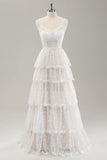 Vit A Line Spaghetti Straps Tiered Lace Bröllopsklänning med Snörning Upp Tillbaka