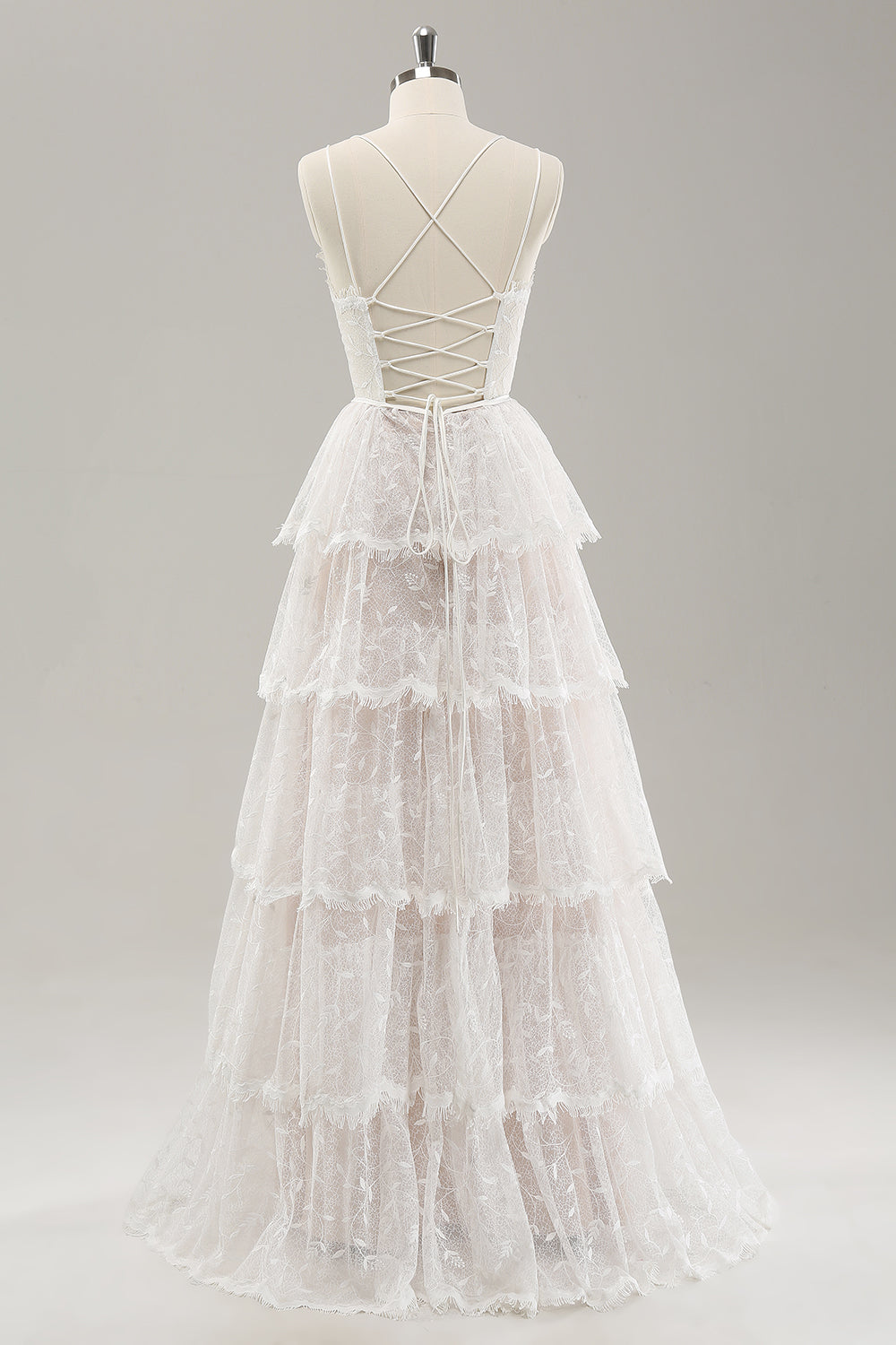 Vit A Line Spaghetti Straps Tiered Lace Bröllopsklänning med Snörning Upp Tillbaka