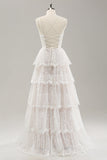 Vit A Line Spaghetti Straps Tiered Lace Bröllopsklänning med Snörning Upp Tillbaka